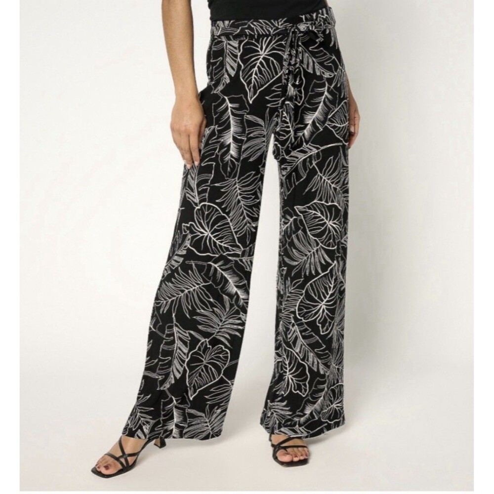 Dennis Basso Petite Printed Italia Knit Pant with Belt Size XXSP Black/Ivory